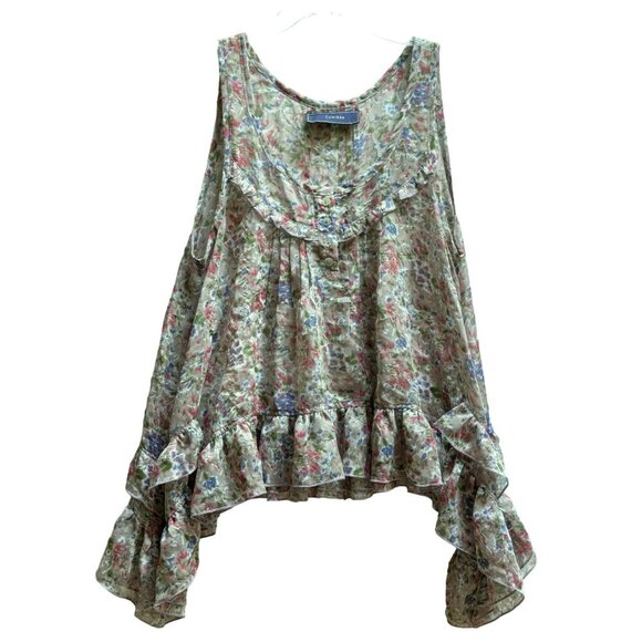 Lumière Floral Ruffle Asymmetric Hem Sheer Sleeveless Pullover Top Feminine Sz M - Picture 8 of 8